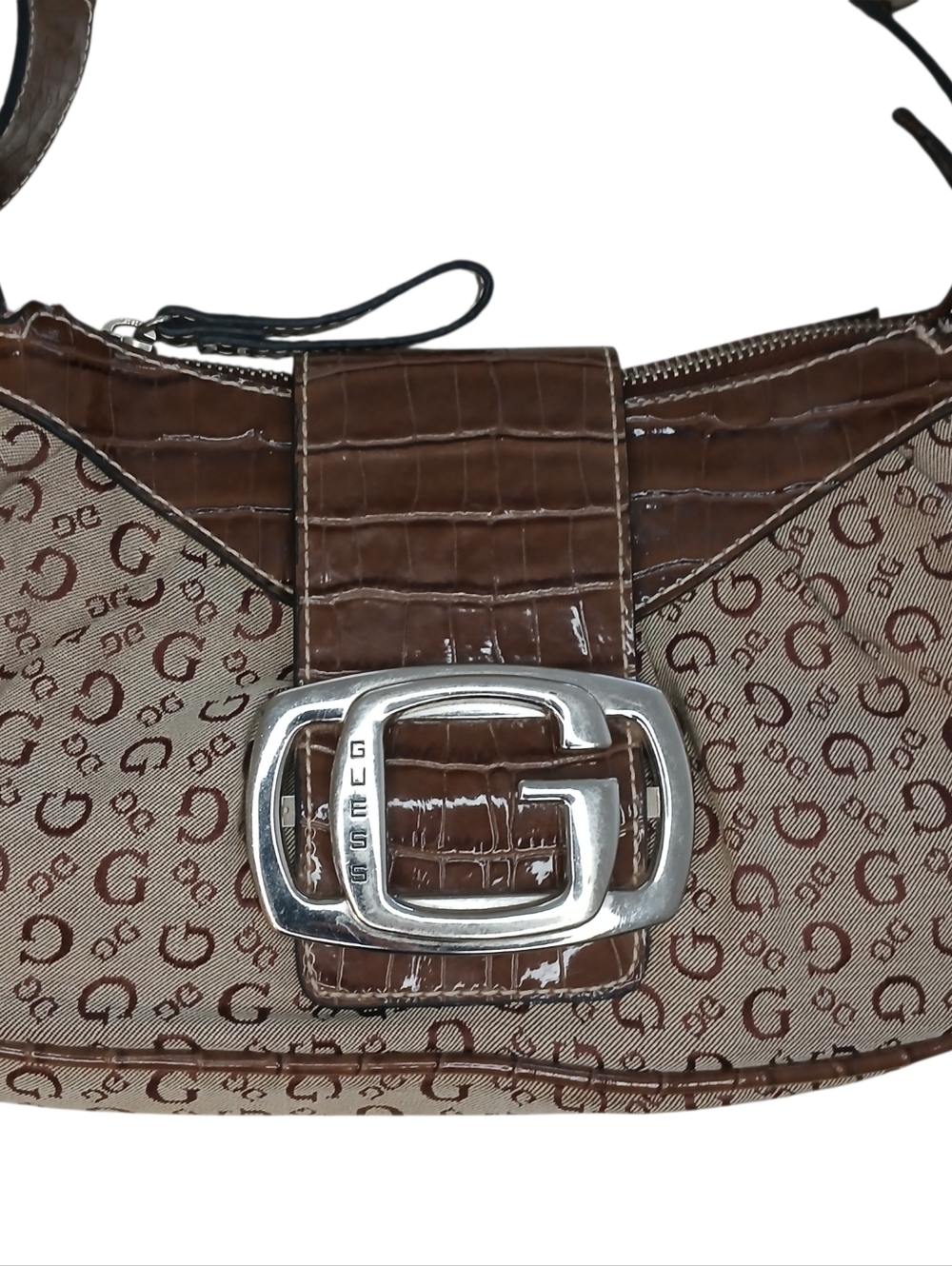 VINTAGE Y2K GUESS Monogram Croc Canvas Big G Buckle Slouchy Baguette Tan Brown
